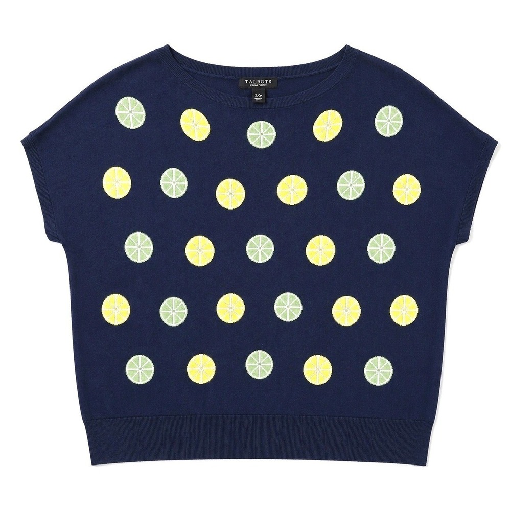 Talbots Petite 2XP Lemon Beaded Sweater Navy Blue Lightweight Top Preppy Coastal - Picture 6 of 9